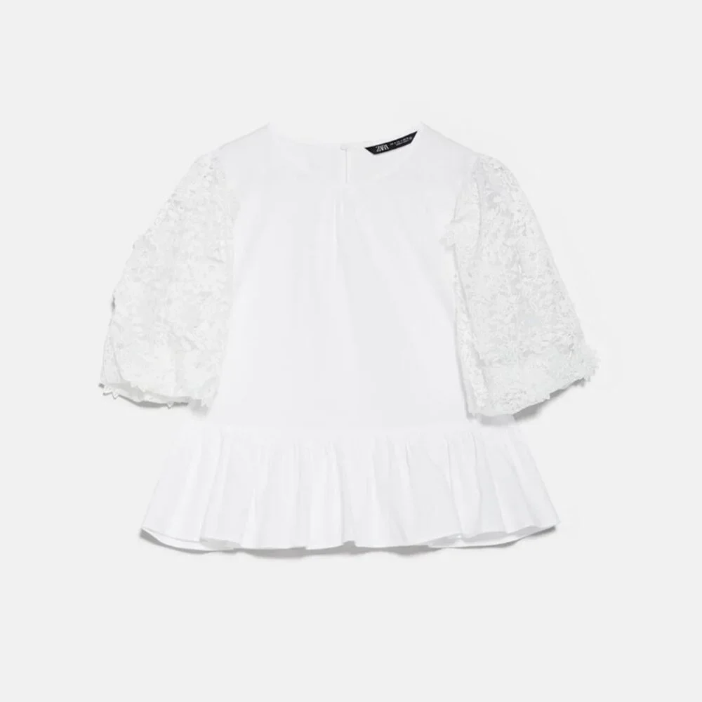 Zara White Embroidered Lace Sleeve Peplum Top